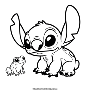 Stitch agachado olhando um sapinho de olhos redondos sentado na frente dele, desenho para imprimir