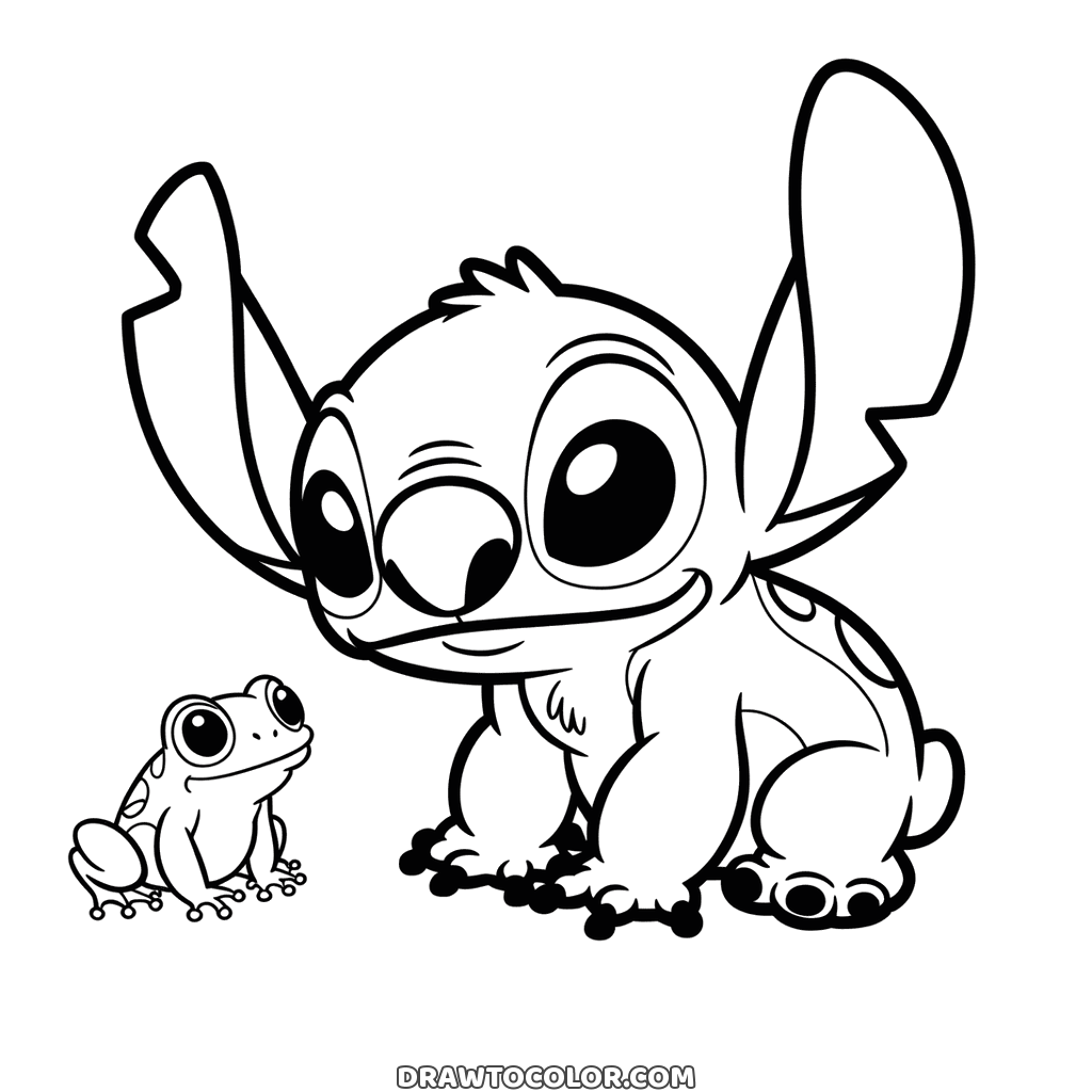 Stitch accucciato che guarda una piccola rana dagli occhi tondi seduta davanti a lui, disegno per bambini