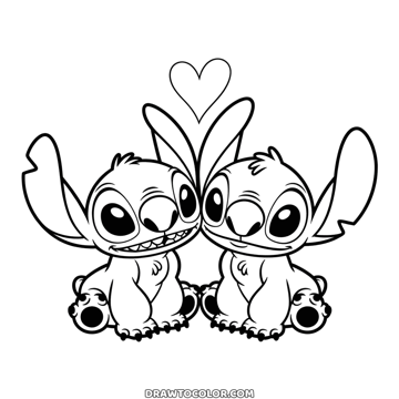 Stitch and Angel sitting cheek to cheek, her long antennae curving up to a small heart above them