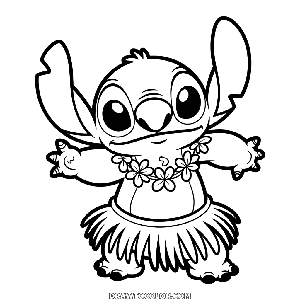 Stitch tanzt Hula im Bastrock, ein fröhliches Ausmalbild mit Blumenkette und ausgebreiteten Armen