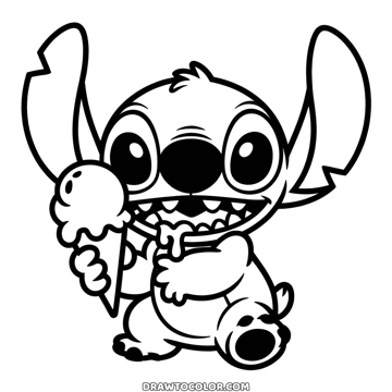 Easy coloring page of Stitch biting into an ice cream cone, mouth wide open and one ear tipped back