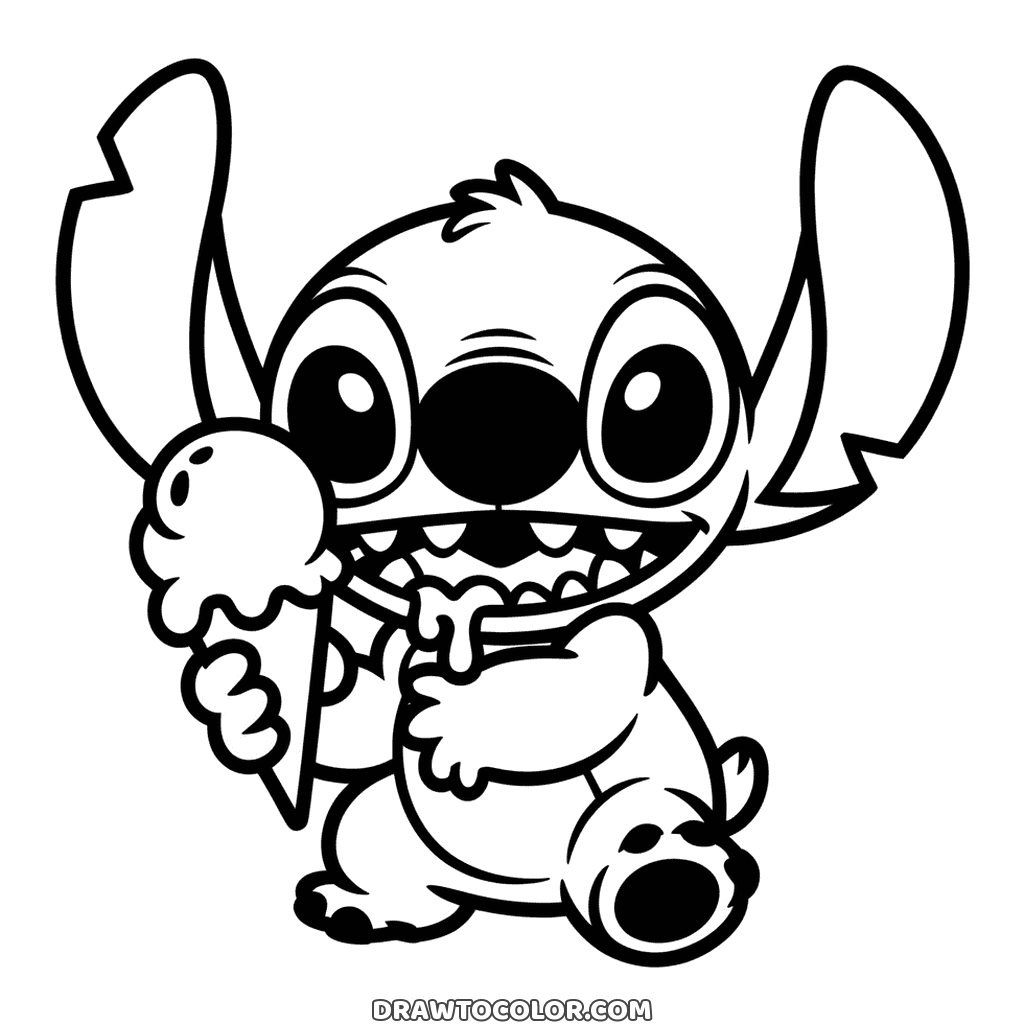 Leichtes Ausmalbild von Stitch, der in eine Eiswaffel beißt, den Mund weit offen, ein Ohr hinten