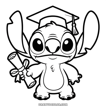 Graduation Stitch coloring sheet: square cap with a tassel and a diploma rolled up in his hand