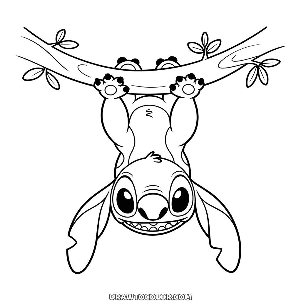 Lustiges Ausmalbild: Stitch hängt kopfüber an einem belaubten Ast, die großen Ohren baumeln