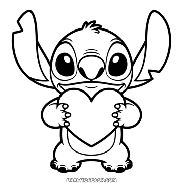 Stitch holding a big heart against his chest, a coloring page for little ones with thick outlines