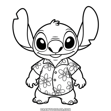 Stitch coloring page for kids: Stitch standing in a button-up Hawaiian shirt with a flower pattern