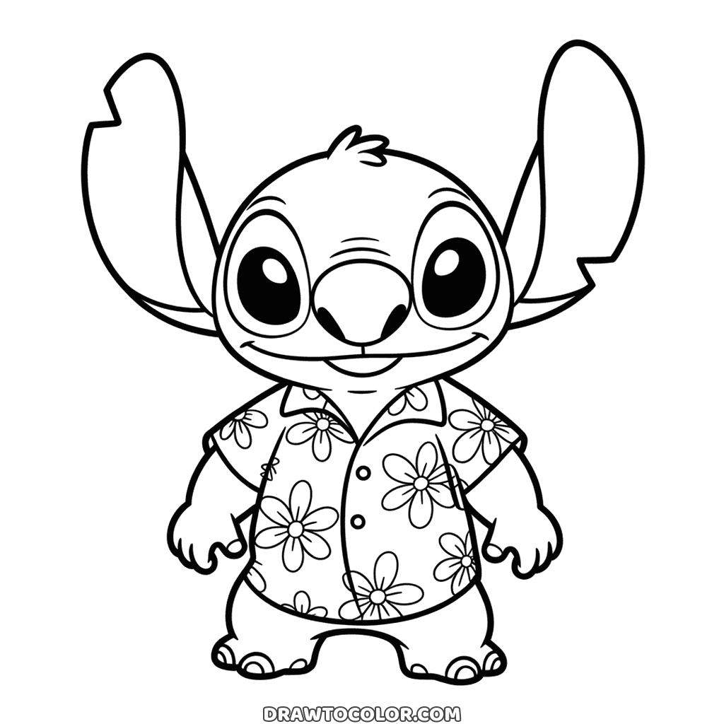Ausmalbild Stitch für Kinder: Stitch steht in einem geknöpften Hawaiihemd mit großem Blumenmuster