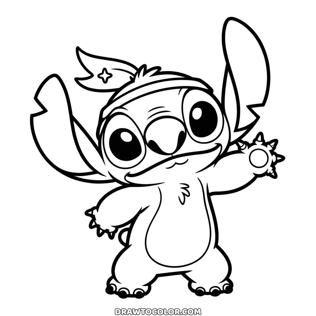 Drawing of Stitch waving one paw, a headband tied around his head with a little star on the knot