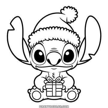 Stitch sentado de gorro de Natal com pompom, segurando um presentinho, desenho fácil de colorir