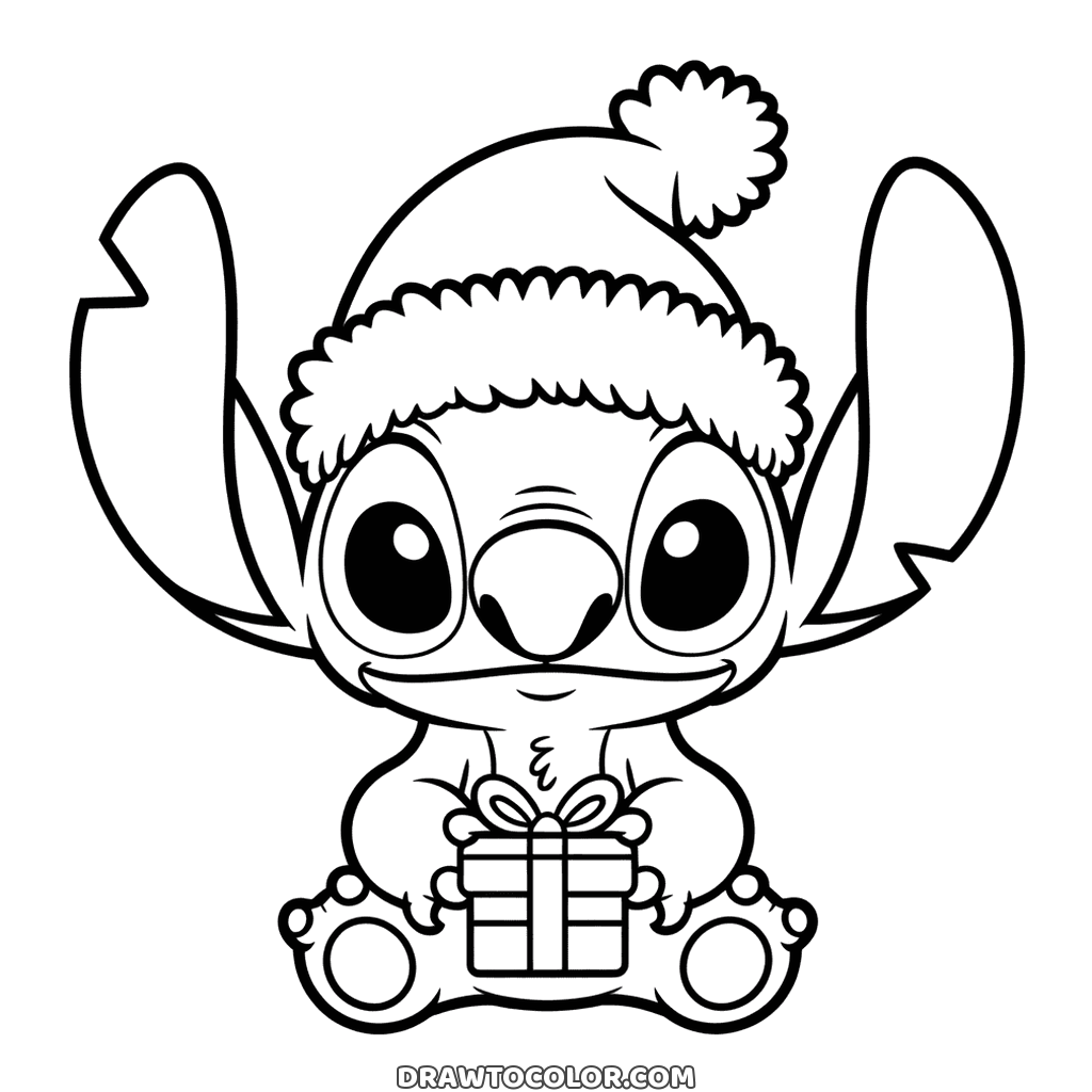 Stitch met een kerstmuts met grote pompon, zittend met een klein kerstcadeau in zijn handjes, om te kleuren
