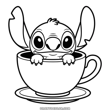 Tiny Stitch peeking over the rim of a teacup on a saucer, a simple coloring page for toddlers