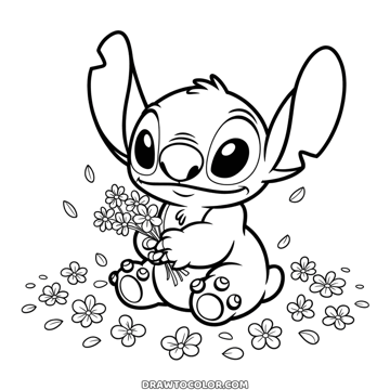 Stitch coloring page in a field of small flowers, holding a bouquet, petals falling around him