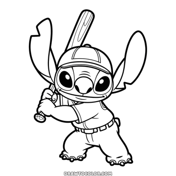 Printable coloring page of Stitch in a baseball cap and uniform, a wooden bat over his shoulder