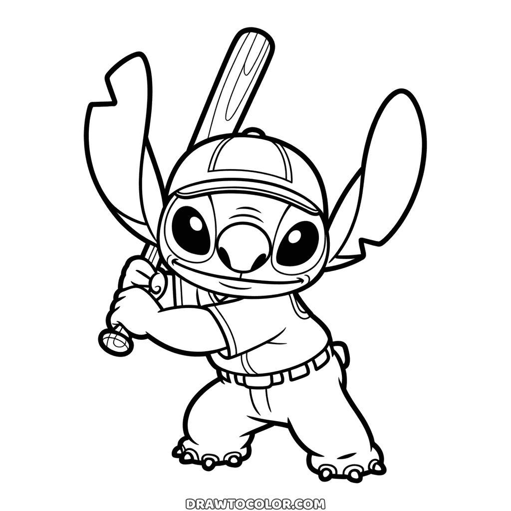Stitch con cappellino e divisa da baseball che tiene una mazza di legno sopra la spalla, da colorare
