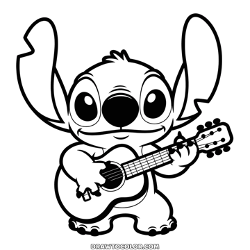 Stitch playing an acoustic guitar, a big smile and wide ears, an easy coloring page with strings