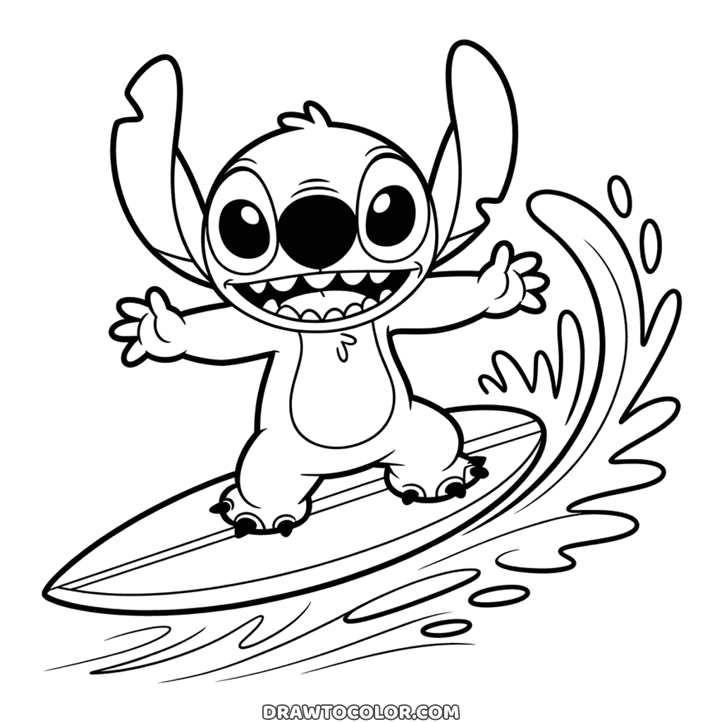 Ausmalbild Stitch beim Surfen: Stitch gleitet auf einem langen Brett vor einer großen Welle