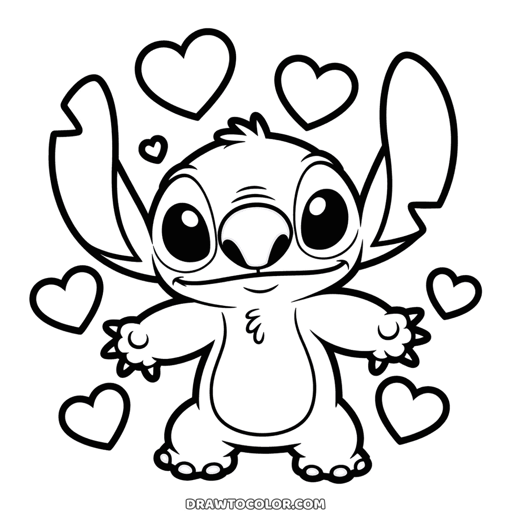 Dibujo sencillo de Stitch con los brazos abiertos para un abrazo y siete corazones a su alrededor