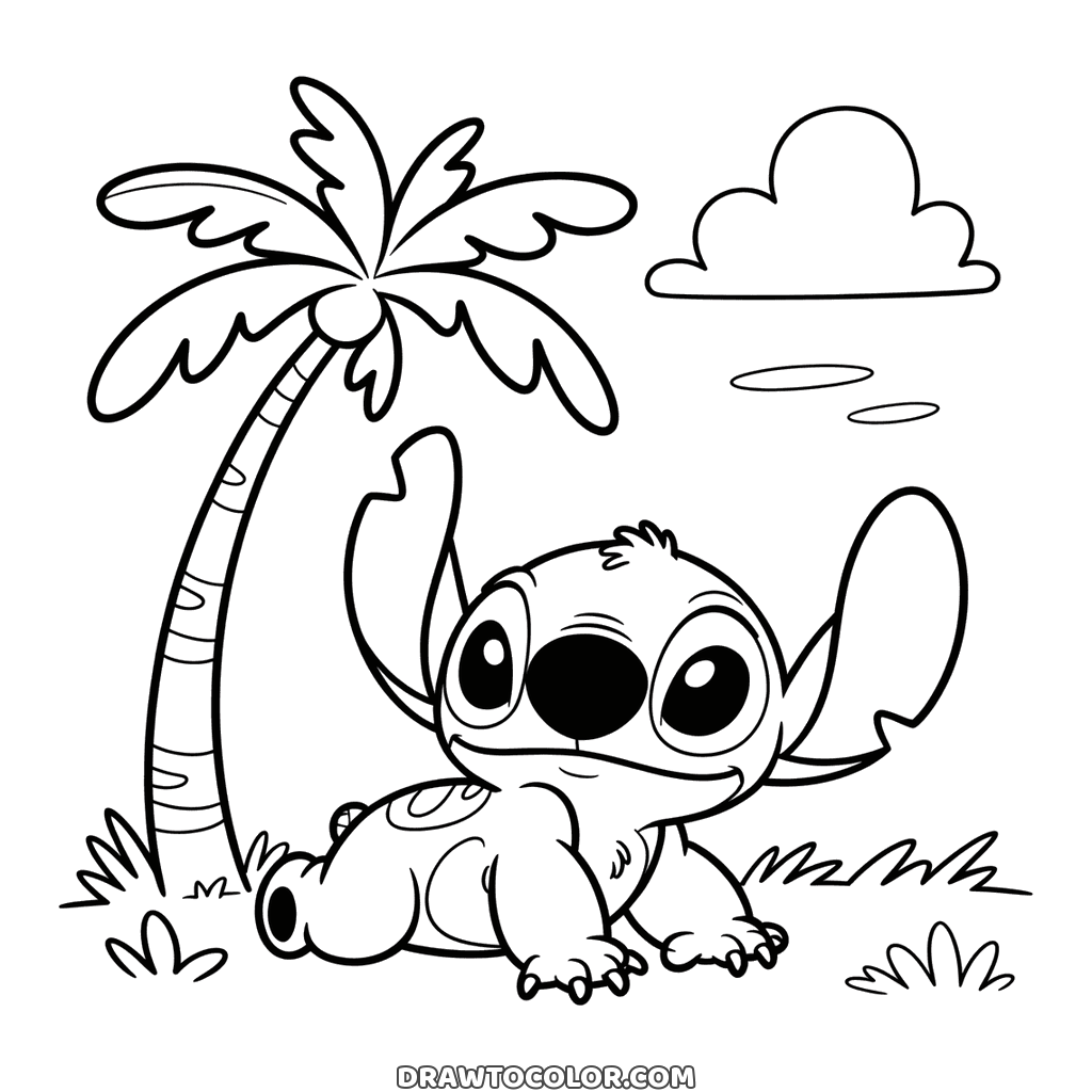 Desenho havaiano do Stitch deitado na grama embaixo de um coqueiro com coco e uma nuvem no céu