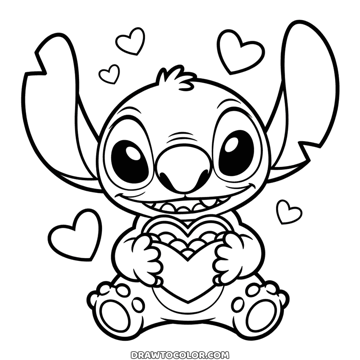 Stitch drückt ein großes Herz mit gewelltem Rand an sich, kleine Herzen ringsum, Ausmalbild zum Valentinstag