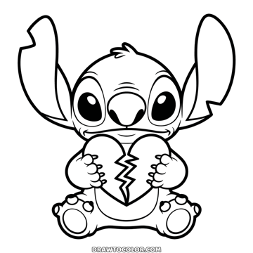Ausmalbild Stitch hält mit beiden Pfoten ein großes Herz mit einem Zickzackriss in der Mitte