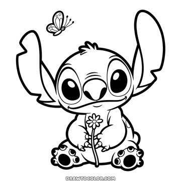 Stitch sentado segurando uma flor de caule comprido, com uma borboletinha voando por cima, para colorir