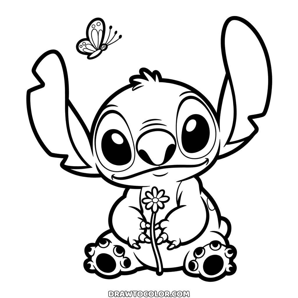 Stitch seduto che stringe un fiore dal gambo lungo, con una farfallina che vola sopra, da colorare