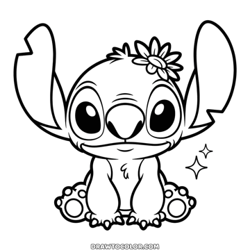 Stitch sentado com uma margarida no alto da cabeça e dois brilhinhos ao lado, desenho para colorir