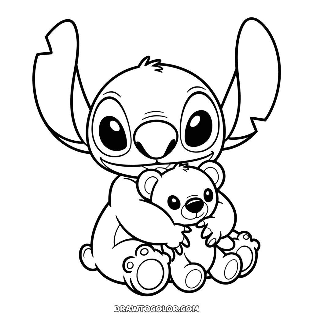 Stitch drückt einen kleinen Teddybär auf dem Schoß, ein leichtes Ausmalbild mit großen Augen