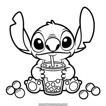 Stitch coloring page with a bubble tea, a straw in the cup and tapioca pearls rolling around him