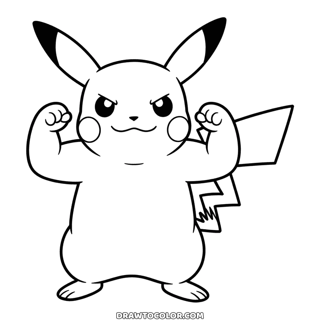 Funny drawing of a strong Pikachu flexing both arms with a determined frown, zigzag tail up