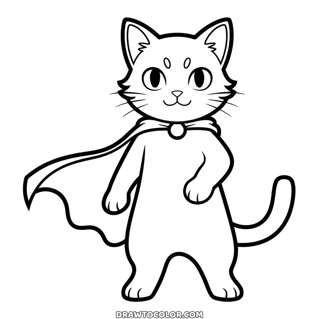 Superhero cat coloring sheet: a cat standing upright, a cape flowing from its round clasp