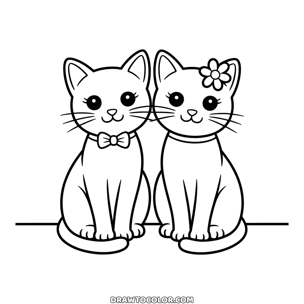 Two cats in love sitting side by side, one in a bow tie and one with a flower, to color