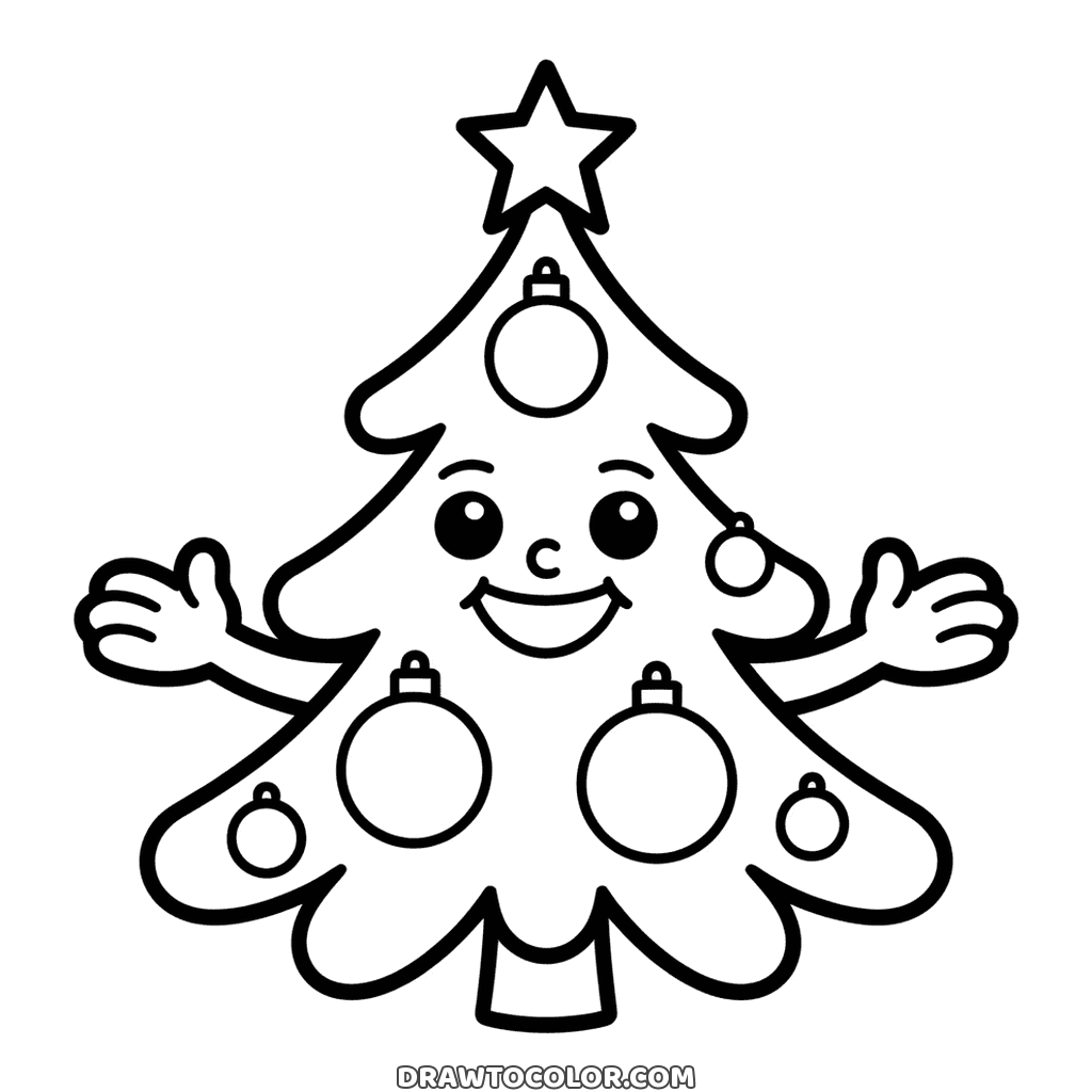 Funny Christmas tree with a smiling face and open arms, a star on top and six baubles, simple shapes to color