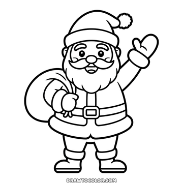 Coloring page of Santa waving a mitten for Christmas, his sack of gifts slung over one shoulder