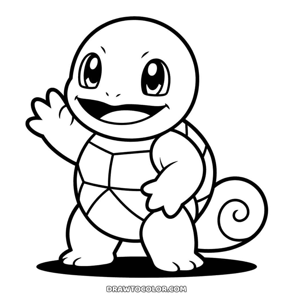 Squirtle waving hello with a big grin, its shell on its back and a curly tail, a Pokémon to color