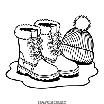 Botas de invierno con cordones y borde de peluche junto a un gorro tejido, para imprimir y colorear