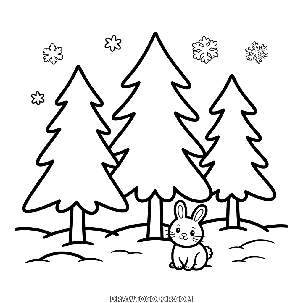 Winterwald aus drei Tannen im Schnee mit einem kleinen Hasen zu ihren Füßen, zum Ausmalen
