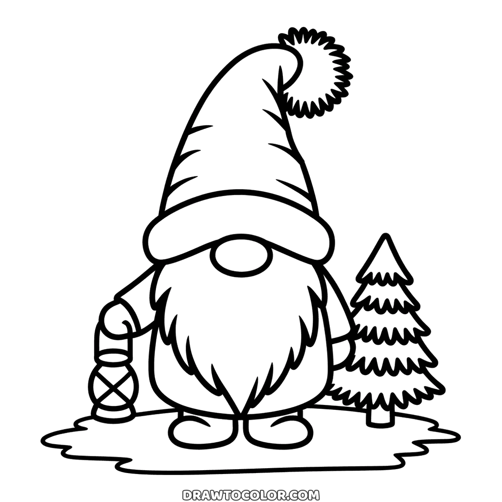 Winterkabouter met een lange baard en een hoge pompon muts die een lantaarn vasthoudt bij een den, om te kleuren