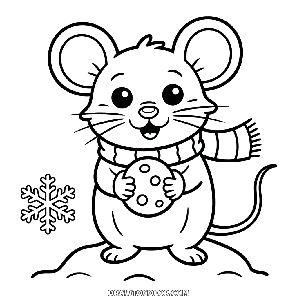 Winter mouse with big round ears and a striped scarf holding a chocolate chip cookie, an easy coloring page
