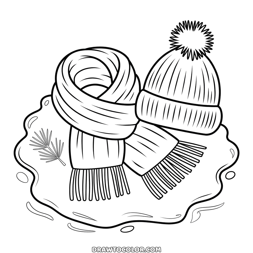 Bufanda de invierno con flecos y gorro de pompón a juego, dibujo para colorear gratis