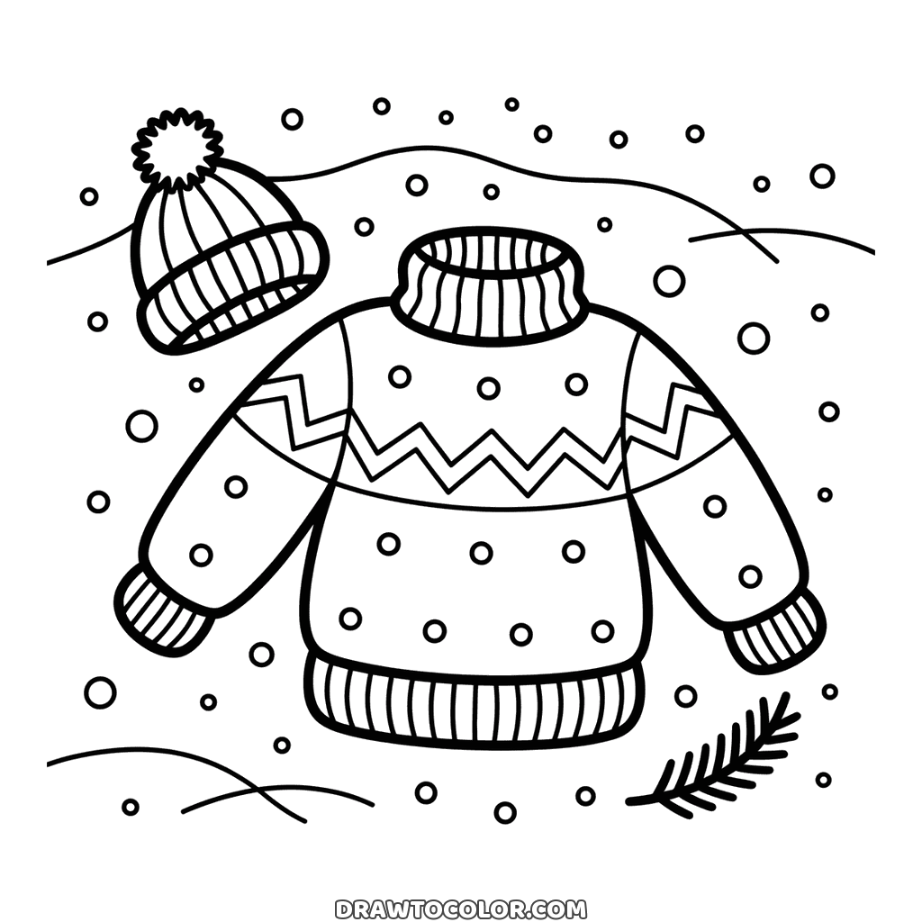 Pull d'hiver douillet à motif de zigzags et de pois à côté d'un bonnet à pompon, un coloriage à imprimer